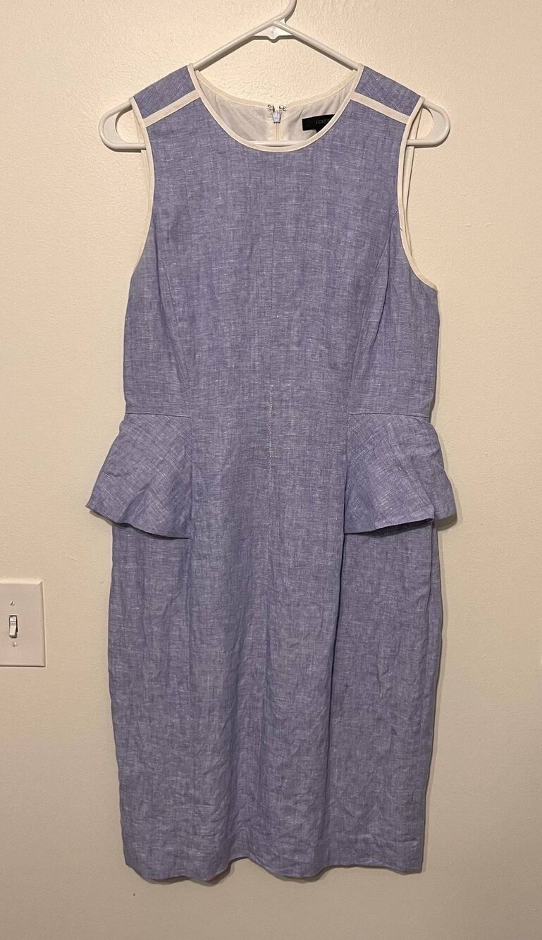 J.CREW 100% Linen Peplum Sheath Dress Size 8 Blue White Trim Preppy Office